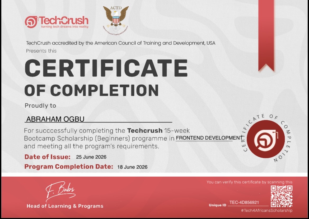 TechCrush Frontend Development Bootcamp certificate